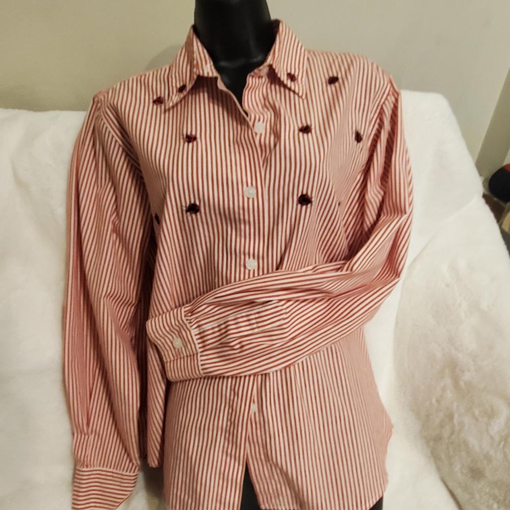 Vintage Lady bug fun striped red and white blouse sz 12